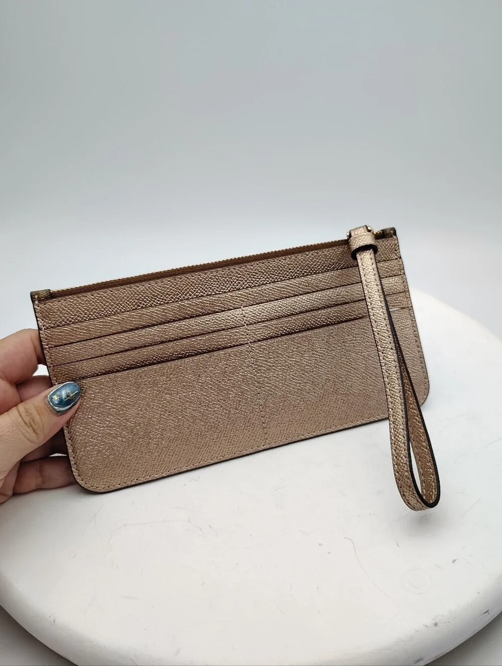 New Coach Brown Signature Wristlet with Metallic Rose Gold Card Pocket